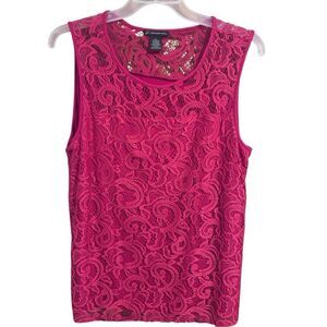Adrianna Papell Lacey Crochet Overlay Tank Blouse Moroccan Ruby Red Sz L